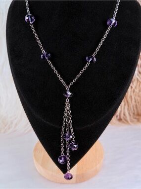 Elegant Black Gunmetal Purple Beaded Y Drop Necklace